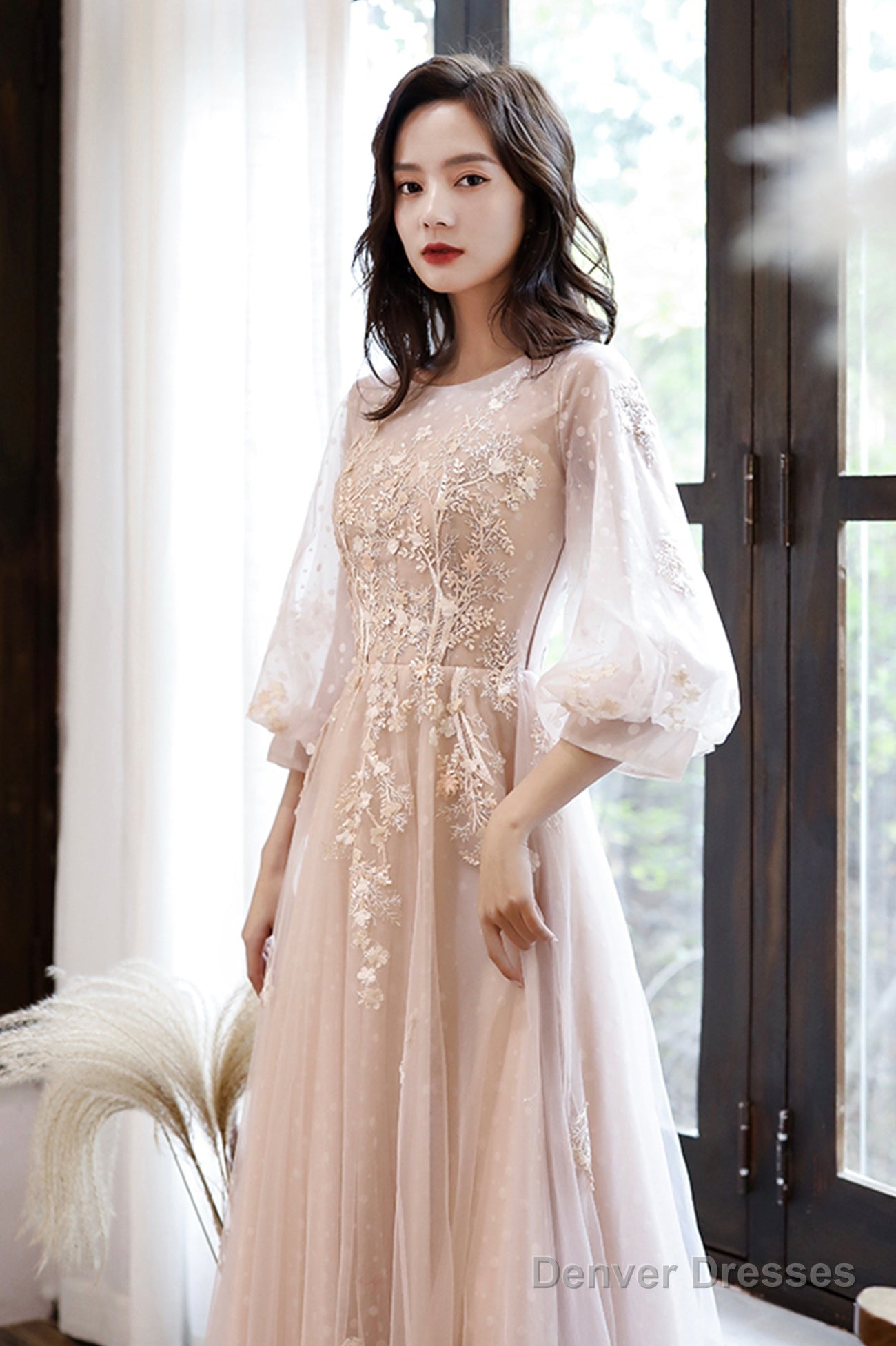 Pink Tulle Lace Long A-Line Prom Dresses, Long Sleeve Evening Dresses