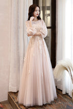 Pink Tulle Lace Long A-Line Prom Dresses, Long Sleeve Evening Dresses