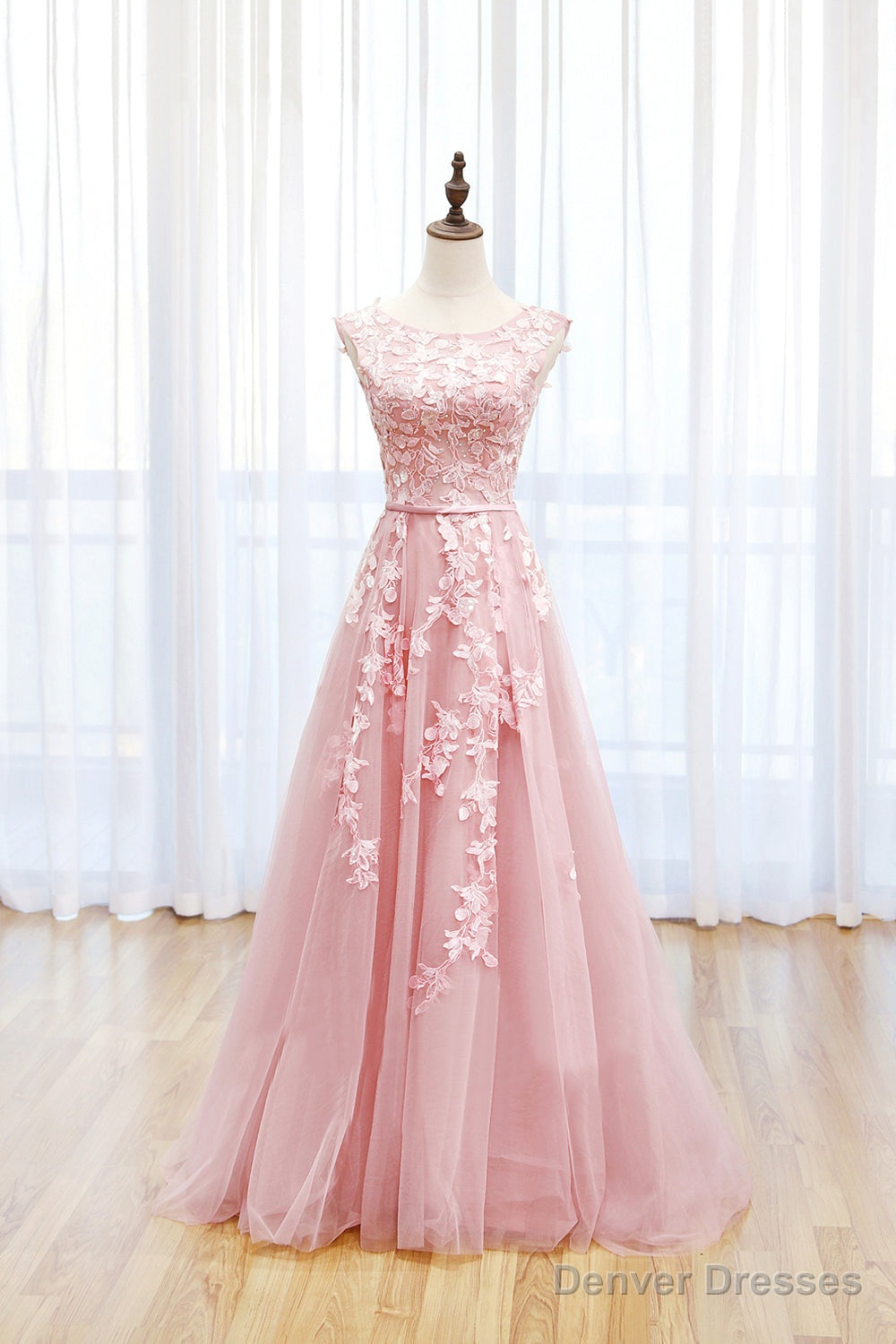 Pink Tulle Lace Long Prom Dress, Lovely A-Line Open Back Evening Dress Main image