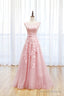 Pink Tulle Lace Long Prom Dress, Lovely A-Line Open Back Evening Dress