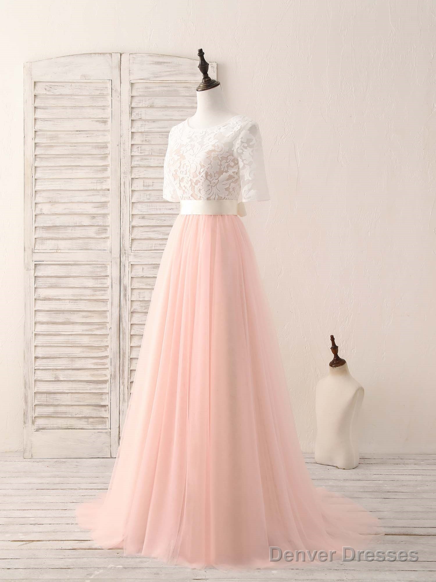 Pink Tulle Lace Long Prom Dress Pink Bridesmaid Dress Secondary image