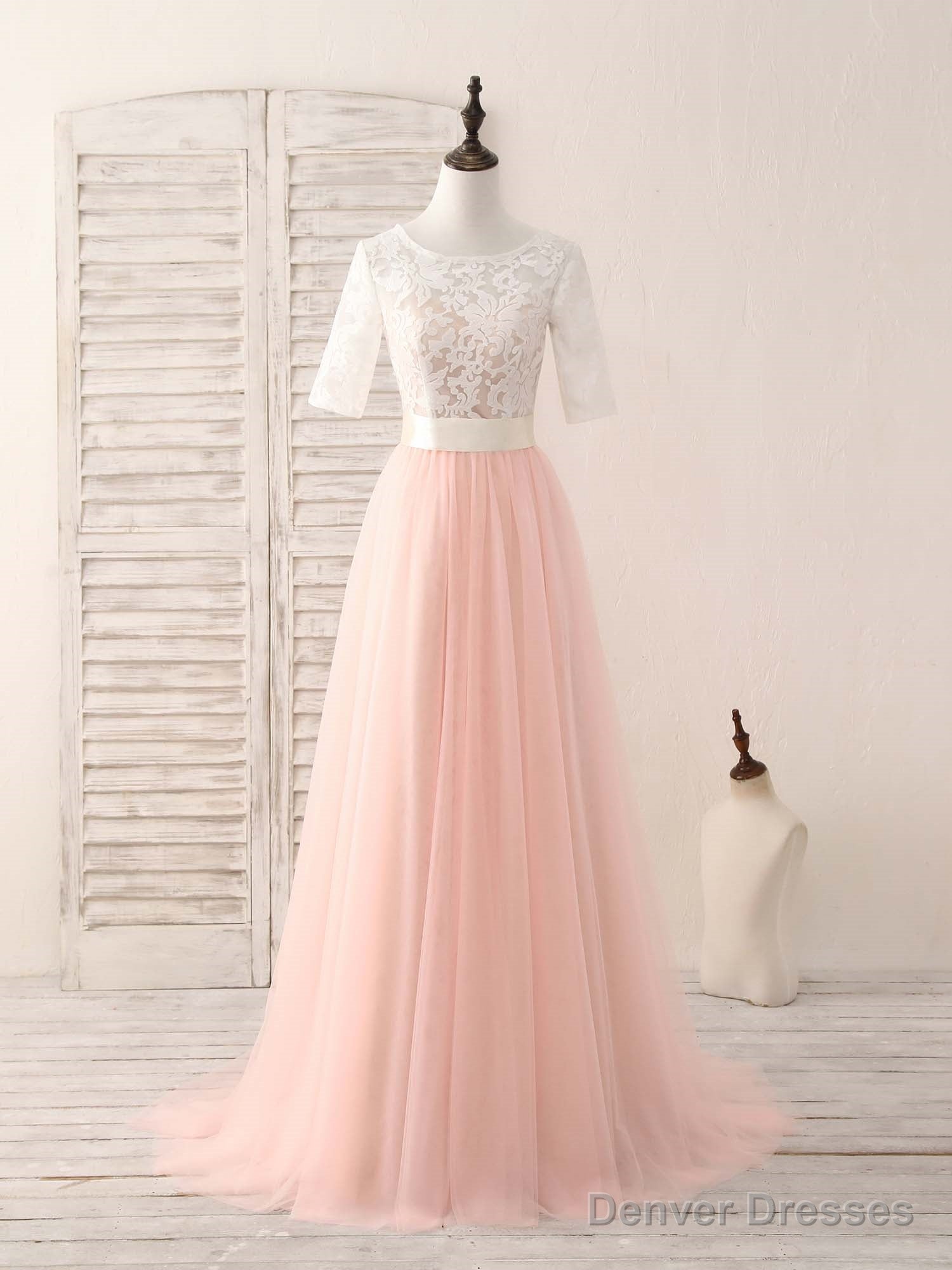 Pink Tulle Lace Long Prom Dress Pink Bridesmaid Dress Main image