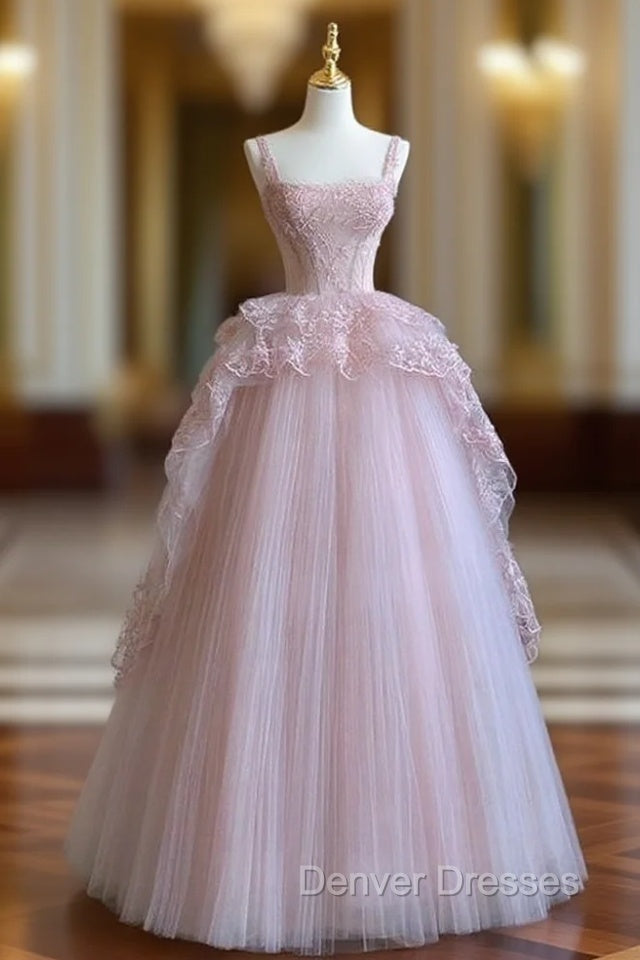 Pink tulle lace long prom dress, pink evening dress Main image