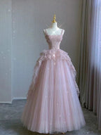 Pink Tulle Lace Long Prom Dress, Pink Evening Dress Birthday Dress