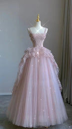 Pink Tulle Lace Long Prom Dress, Pink Evening Dress Birthday Dress