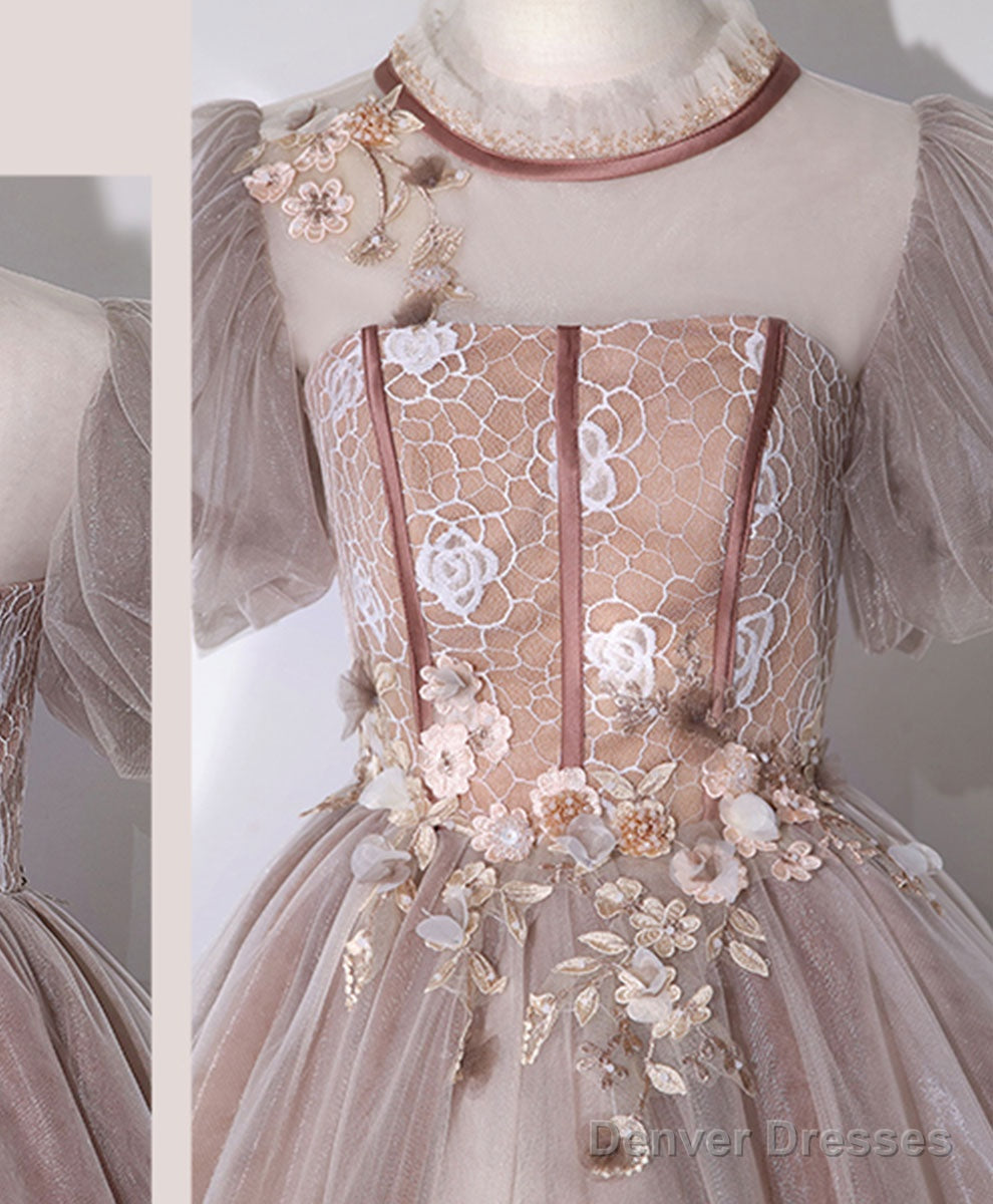 Pink Tulle Lace Long Prom Dress Pink Lace Prom Gown