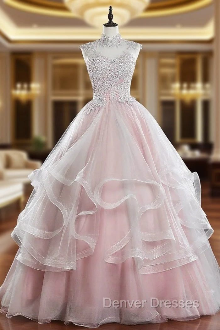 Pink Tulle Lace Long Prom Dress, Pink Sweet 16 Dress Main image