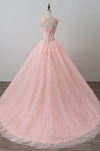 Pink tulle lace long prom Dress, pink tulle evening Dress