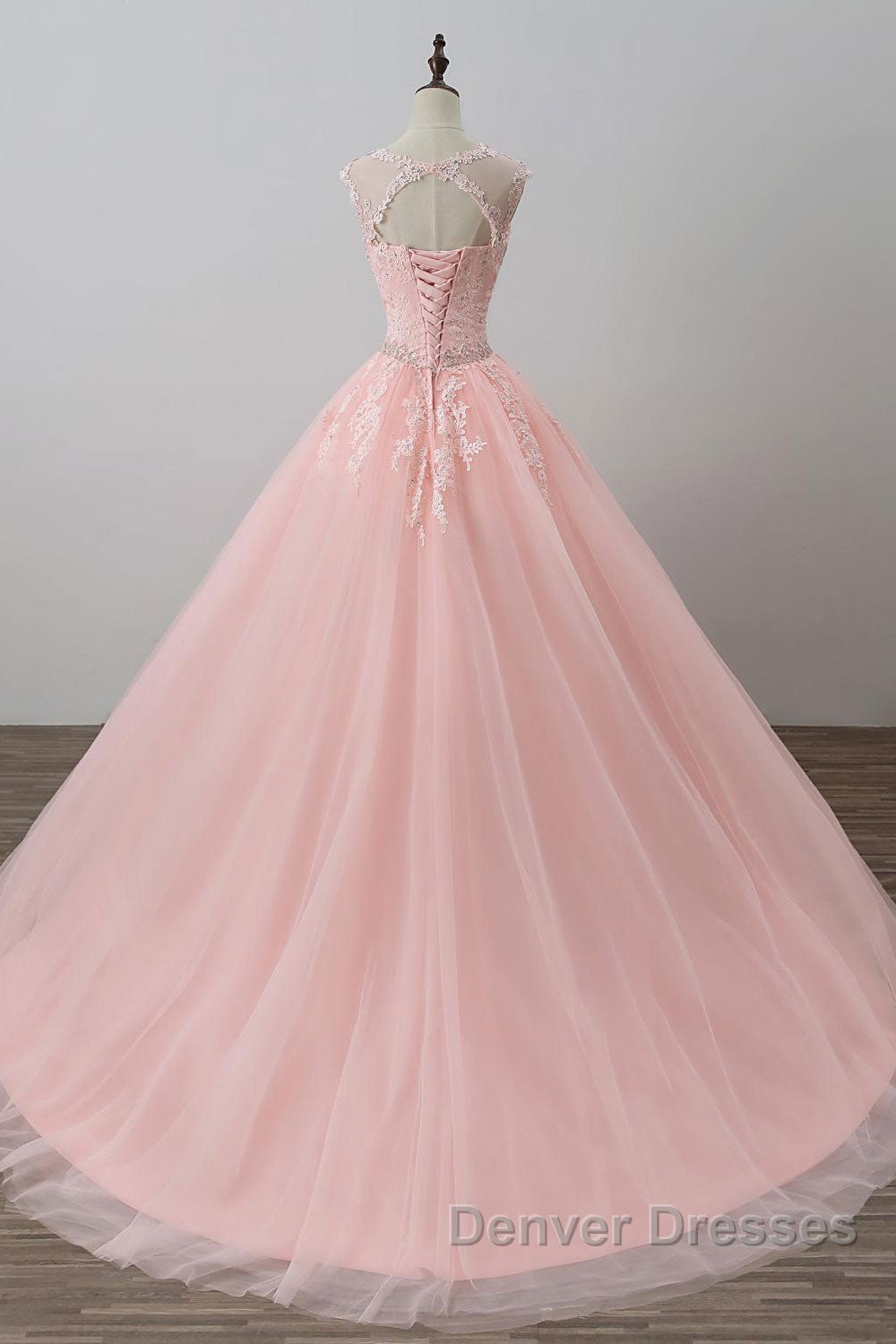Pink tulle lace long prom Dress, pink tulle evening Dress