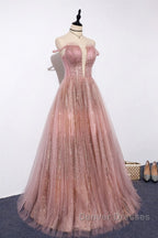 Pink tulle lace long prom Dress pink tulle formal Dress