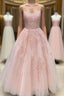 Pink Tulle Lace Long Prom Dress, Pink Tulle Lace Evening Dress