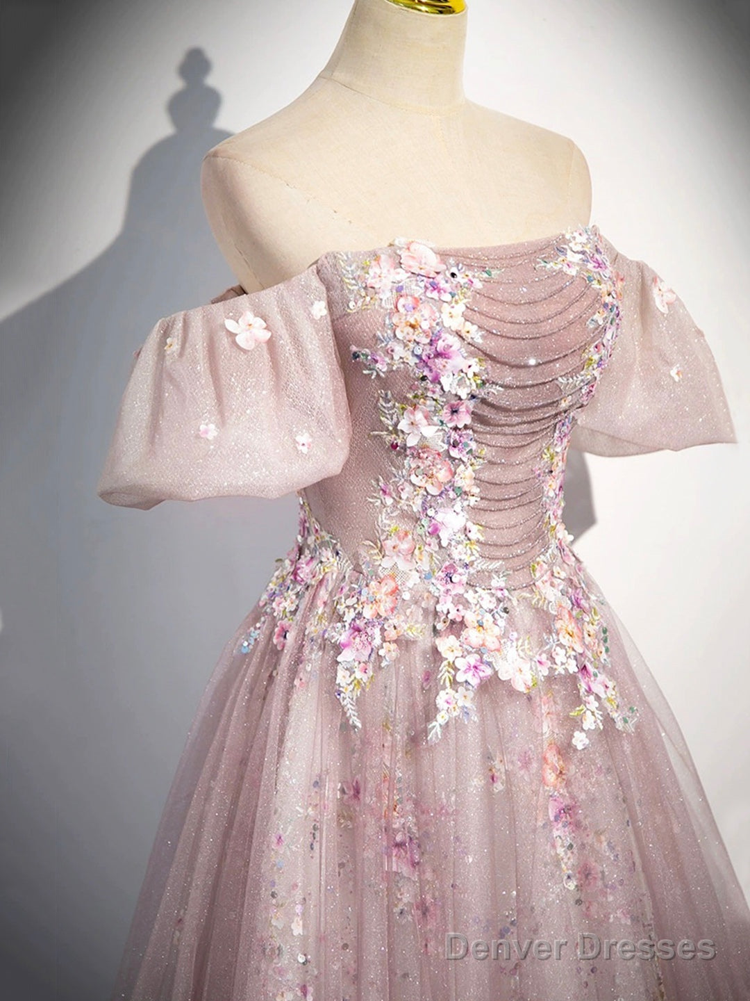 Pink Tulle Lace Long Prom Dress With Beaded, A-Line Off The Shoulder Evening Party Dress Secondary image