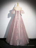 Pink Tulle Lace Long Prom Dress With Beaded, A-Line Off The Shoulder Evening Party Dress