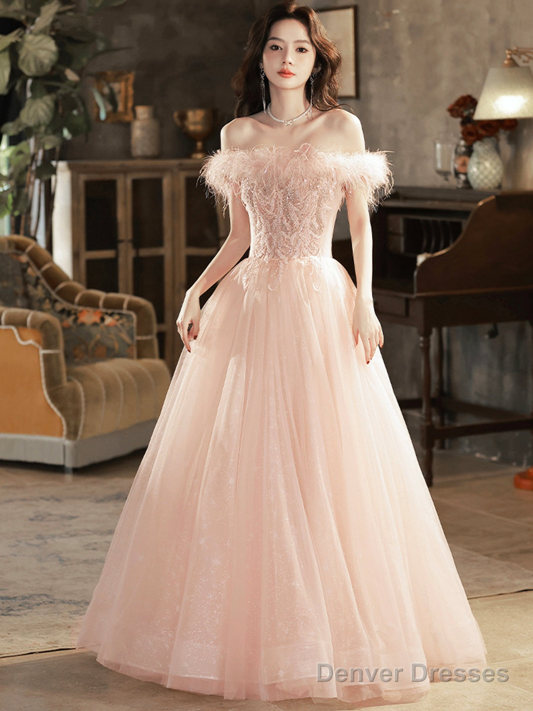 Pink Tulle Lace Long Prom Dress With Feathers, Off Shoulder Pink Evening Dress Secondary image
