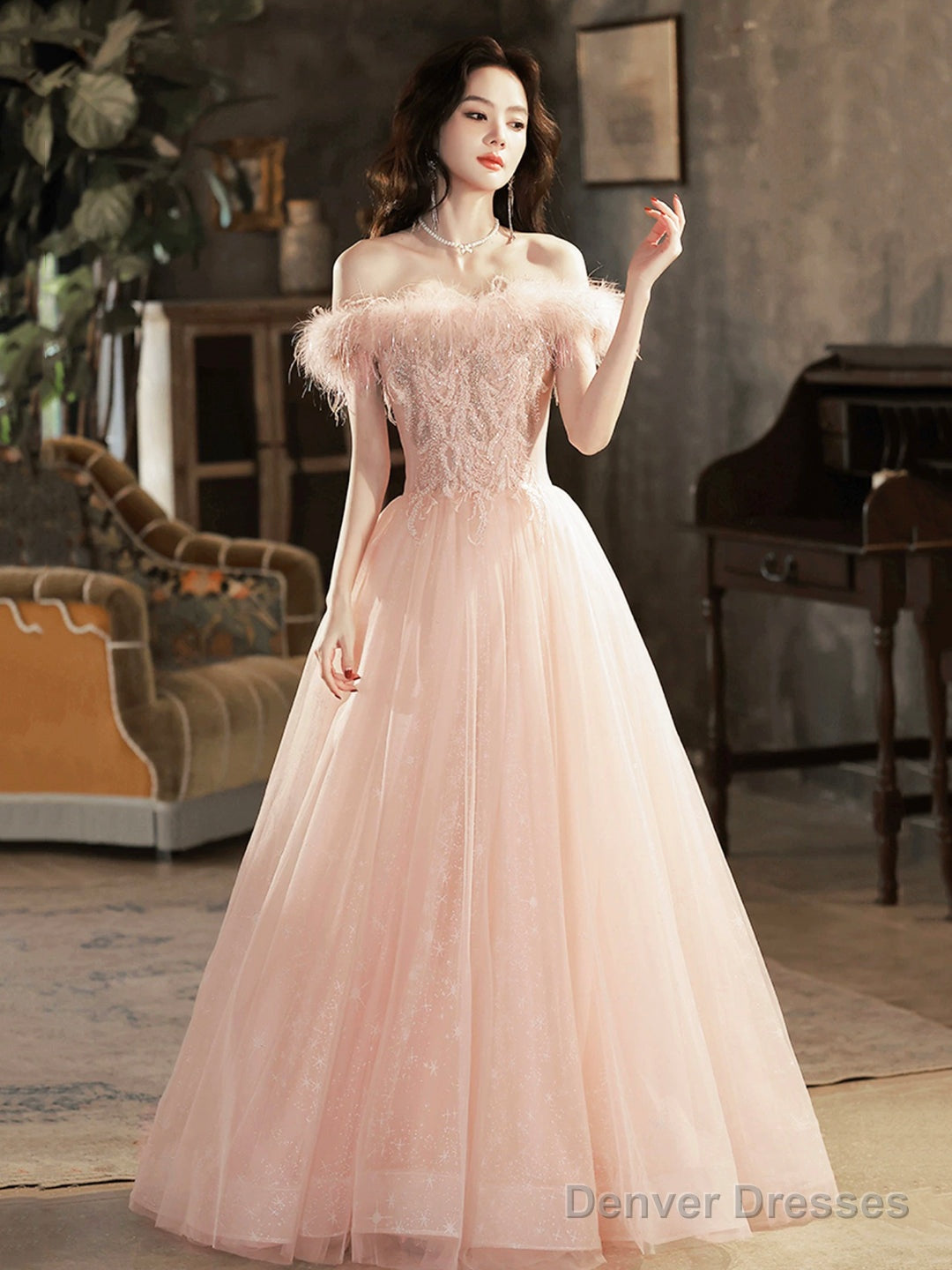 Pink Tulle Lace Long Prom Dress With Feathers, Off Shoulder Pink Evening Dress