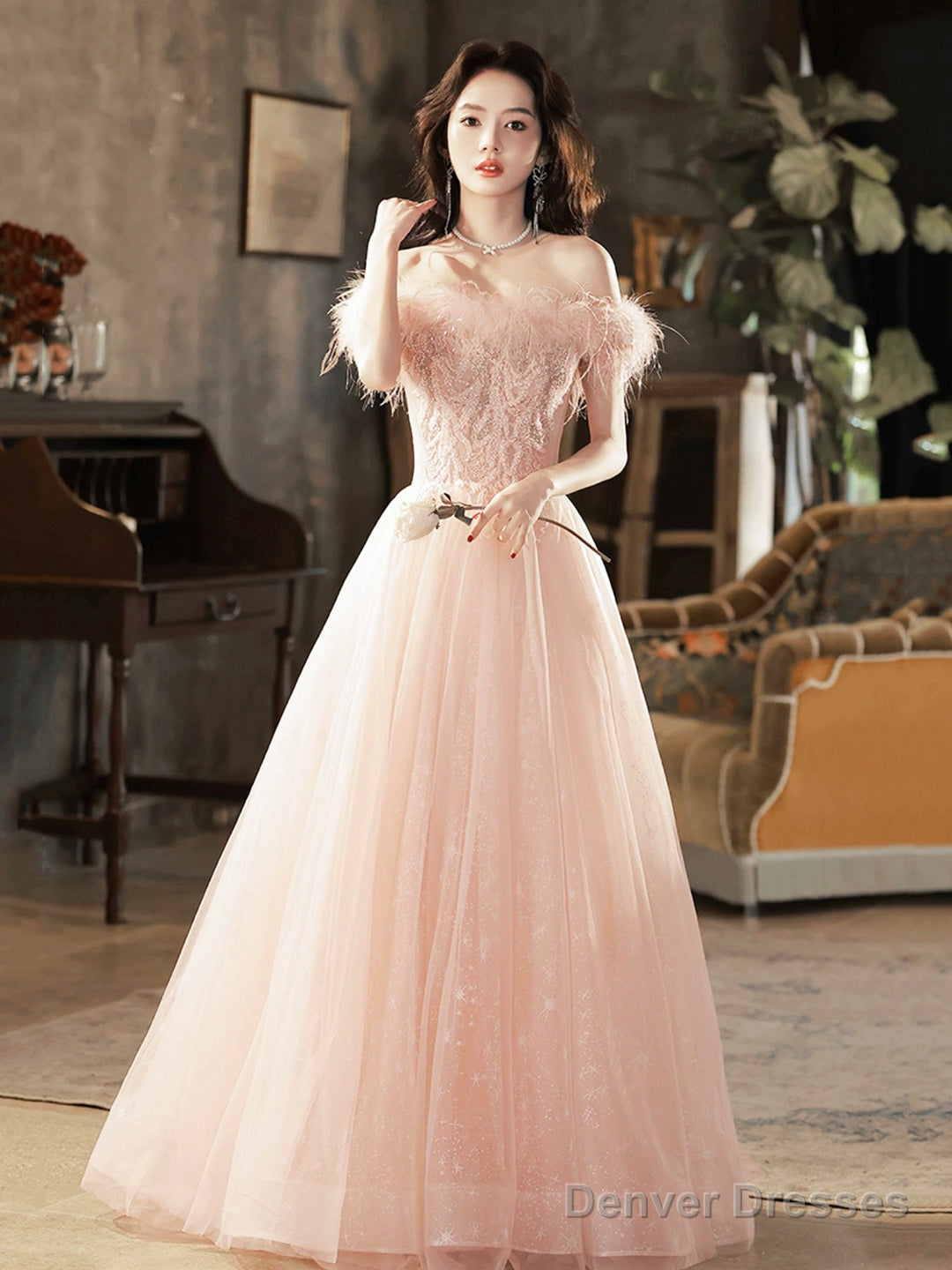 Pink Tulle Lace Long Prom Dress With Feathers, Off Shoulder Pink Evening Dress