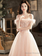 Pink Tulle Lace Long Prom Dress With Feathers, Off Shoulder Pink Evening Dress