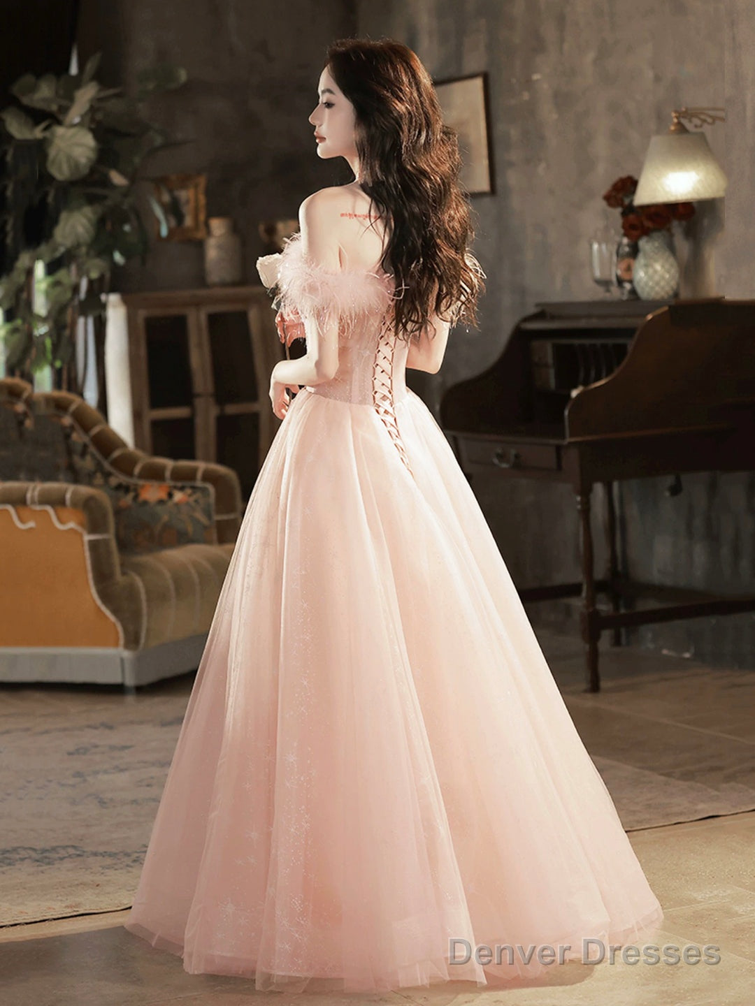 Pink Tulle Lace Long Prom Dress With Feathers, Off Shoulder Pink Evening Dress
