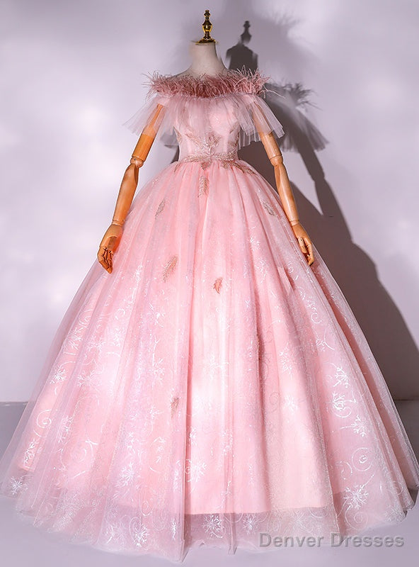 Pink Tulle Lace Off the Shoulder Feather uinceanera Dress Main image