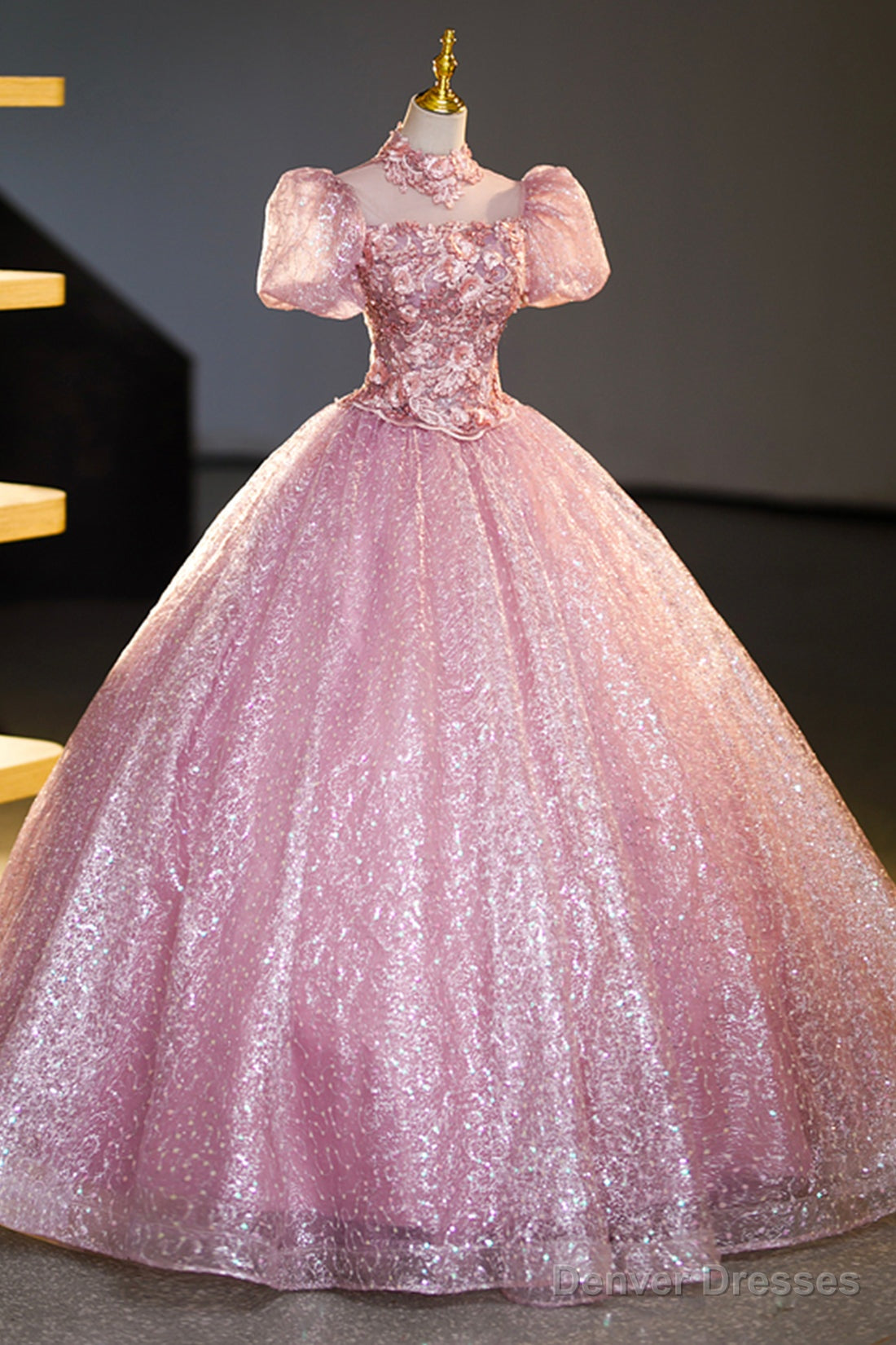 Pink Tulle Lace Princess Dress, A-Line Evening Dress Sweet 16 Dress Main image