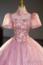 Pink Tulle Lace Princess Dress, Beautiful A-Line Evening Dress Sweet 16 Dress