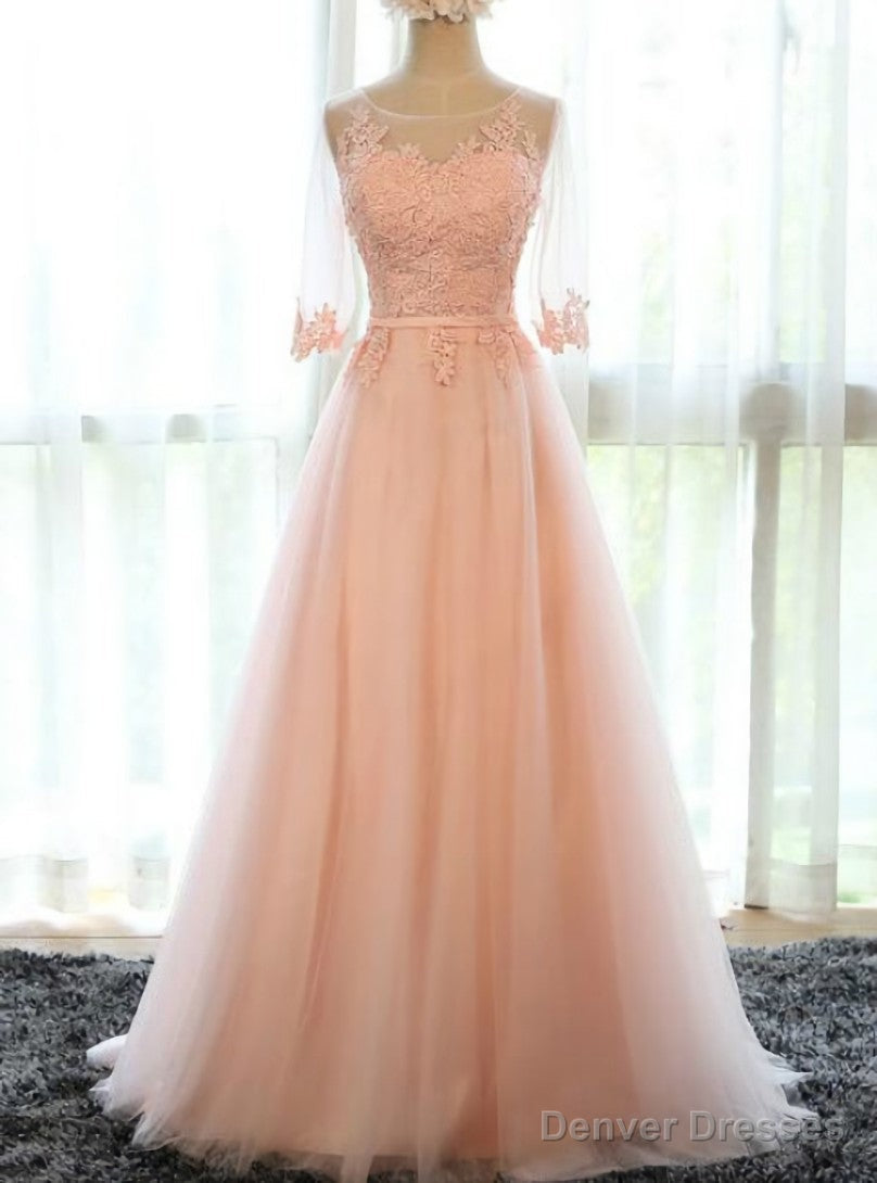 Pink Tulle Lace Short Sleeve Bridesmaid Dress Main image