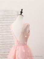 Pink Tulle Lace Tea Length Prom Dress, Pink Homecoming Dress