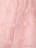 Pink Tulle Lace Tea Length Prom Dress, Pink Homecoming Dress