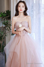 Pink Tulle Layers Floor Length Prom Dress, Cute Strapless Evening Party Dress