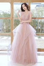 Pink Tulle Layers Floor Length Prom Dress, Cute Strapless Evening Party Dress