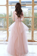 Pink Tulle Layers Floor Length Prom Dress, Cute Strapless Evening Party Dress