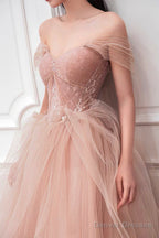 Pink Tulle Long A-Line Prom Dress, Cute Off The Shoulder Graduation Dress