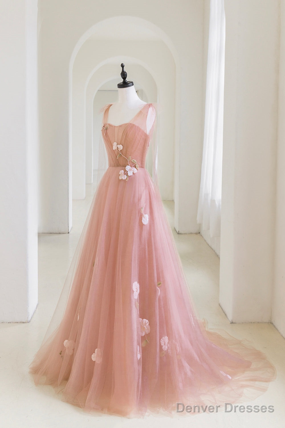 Pink Tulle Long A-Line Prom Dress, Lovely Pink Evening Graduation Dress Main image