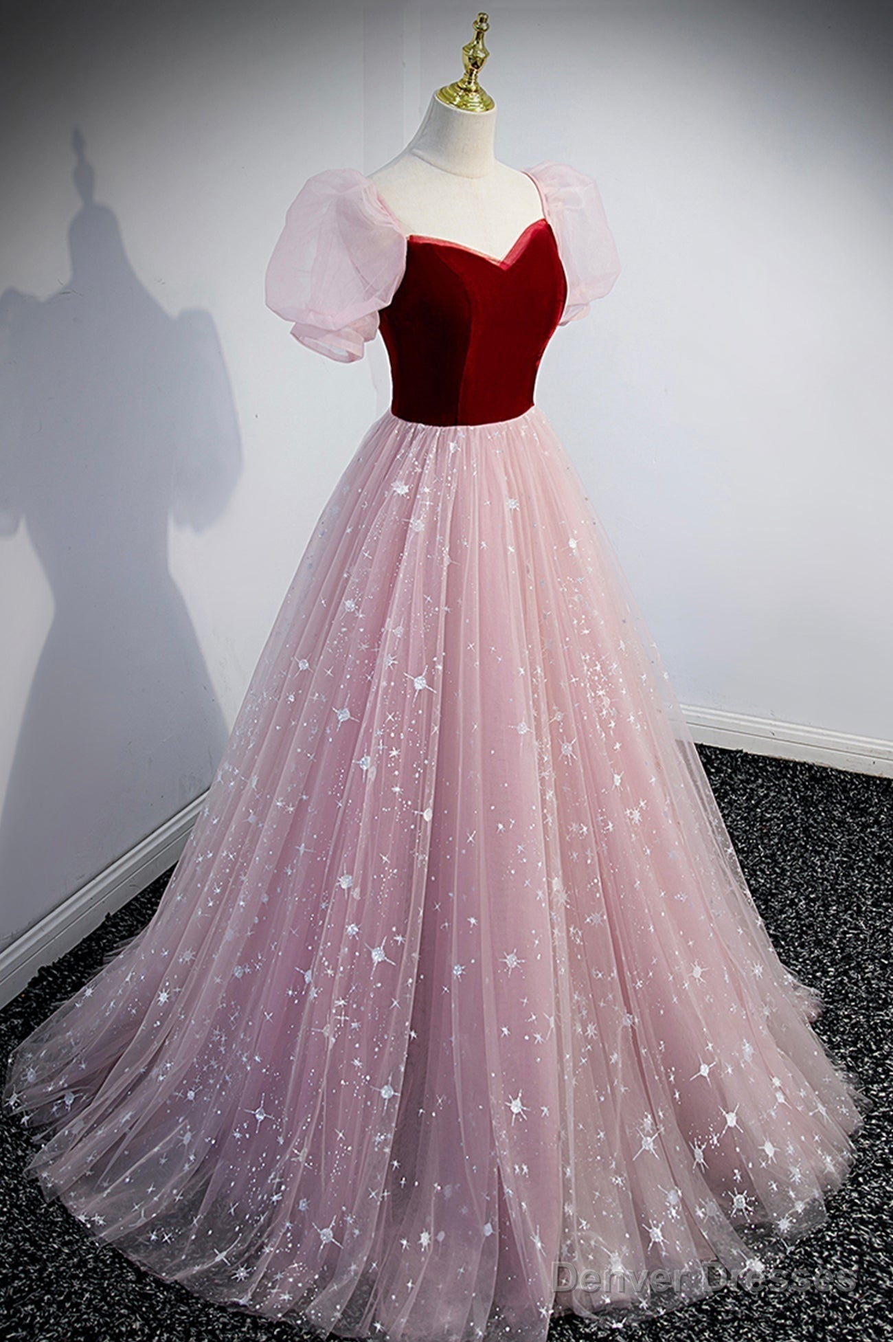 Pink Tulle Long A-Line Prom Dress, Lovely Short Sleeve Evening Party Dress Main image