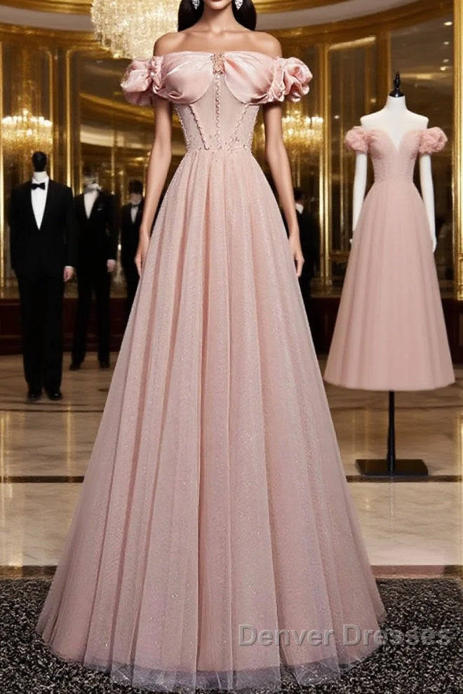 Pink Tulle Long A Line Prom Dress Pink Evening Dress Main image