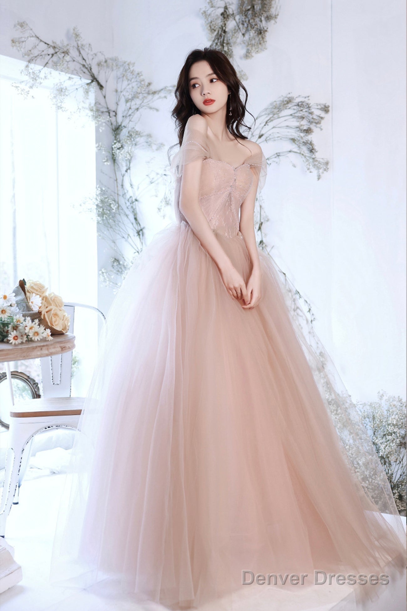 Pink Tulle Long A-Line Prom Dress, Pink Off The Shoulder Evening Party Dress Secondary image
