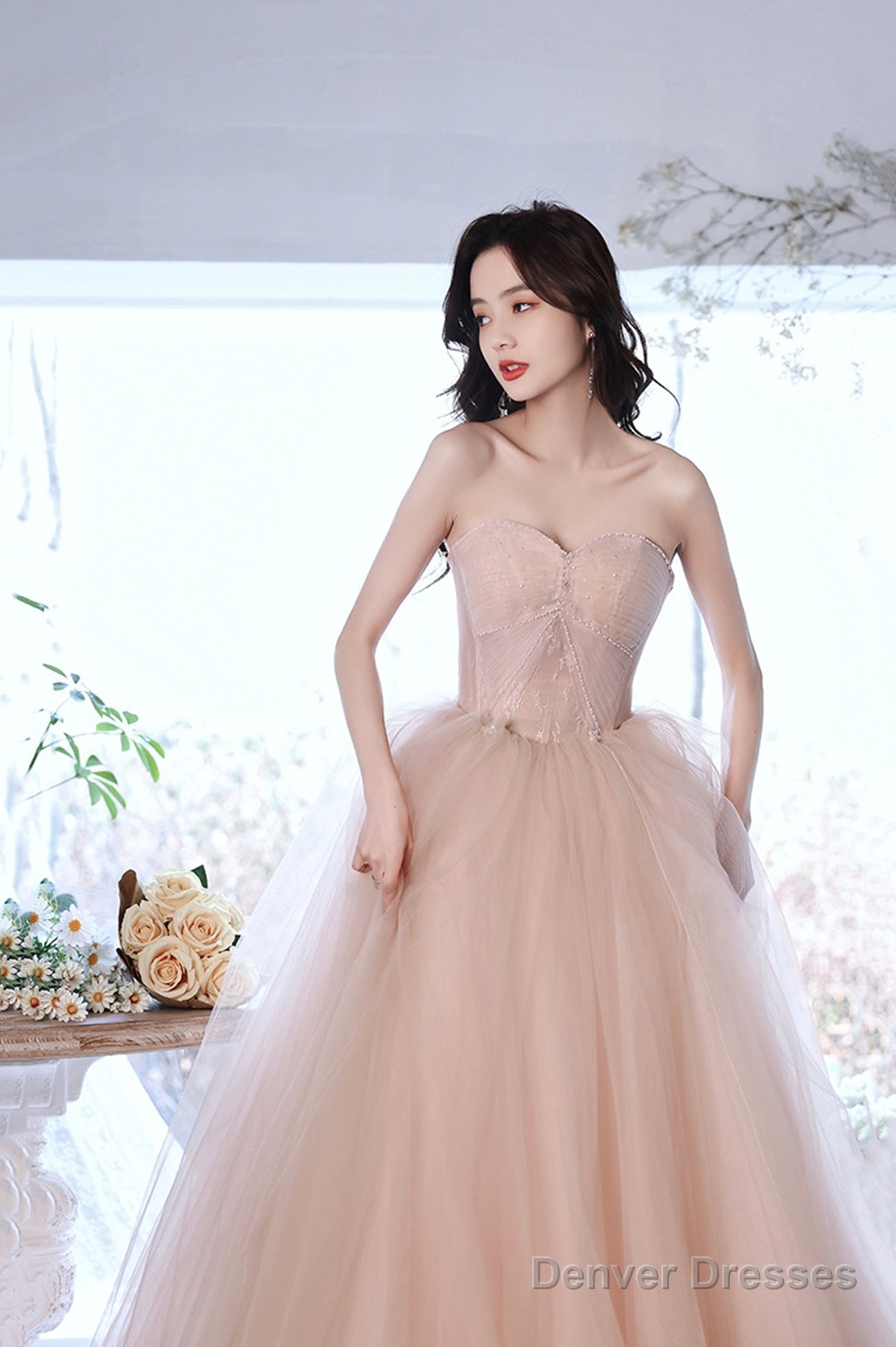 Pink Tulle Long A-Line Prom Dress, Pink Off The Shoulder Evening Party Dress