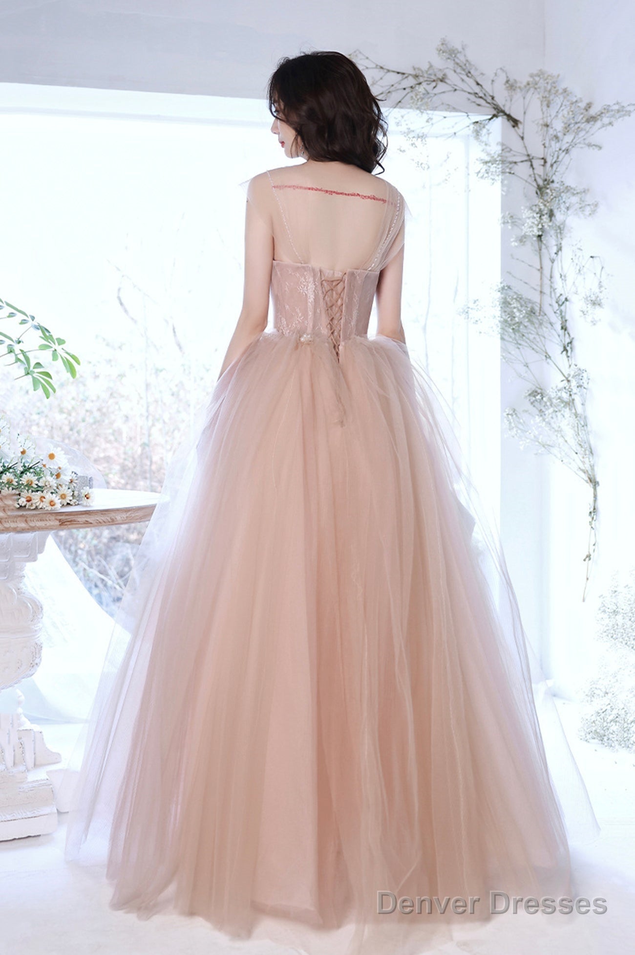 Pink Tulle Long A-Line Prom Dress, Pink Off The Shoulder Evening Party Dress