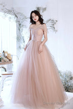 Pink Tulle Long A-Line Prom Dress, Pink Off The Shoulder Evening Party Dress