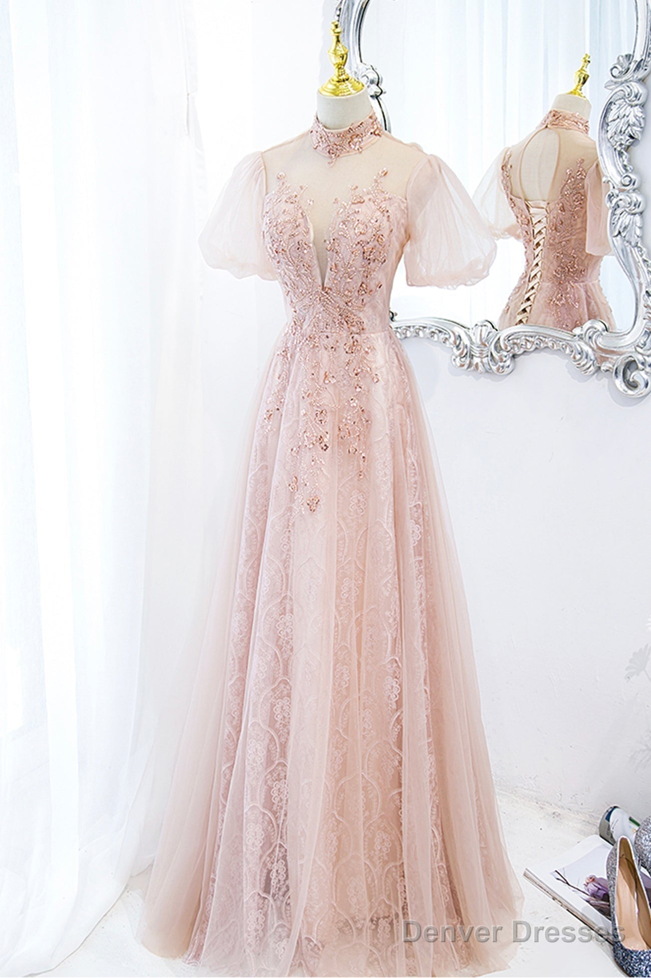 Pink Tulle Long A-Line Prom Dress, Pink Short Sleeve Evening Party Dress Secondary image