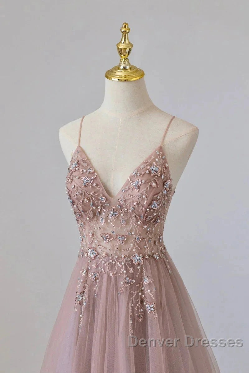 Pink Tulle Long A-Line Prom Dress, Pink Spaghetti Formal Dress With Beaded Secondary image