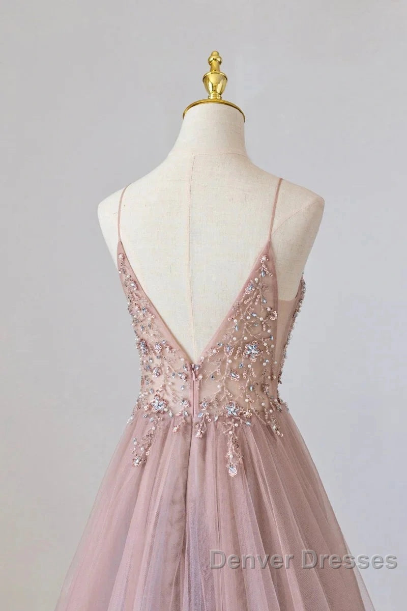 Pink Tulle Long A-Line Prom Dress, Pink Spaghetti Formal Dress With Beaded