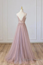 Pink Tulle Long A-Line Prom Dress, Pink Spaghetti Formal Dress With Beaded