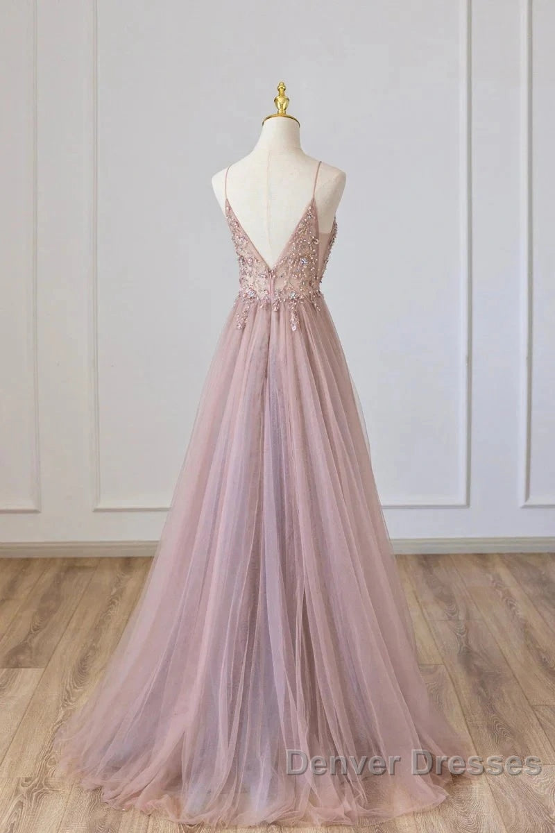 Pink Tulle Long A-Line Prom Dress, Pink Spaghetti Formal Dress With Beaded