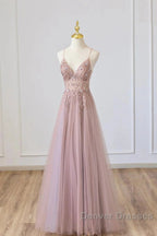 Pink Tulle Long A-Line Prom Dress, Pink Spaghetti Formal Dress With Beaded