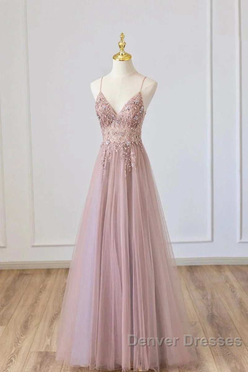 Pink Tulle Long A-Line Prom Dress, Pink Spaghetti Formal Dress With Beaded