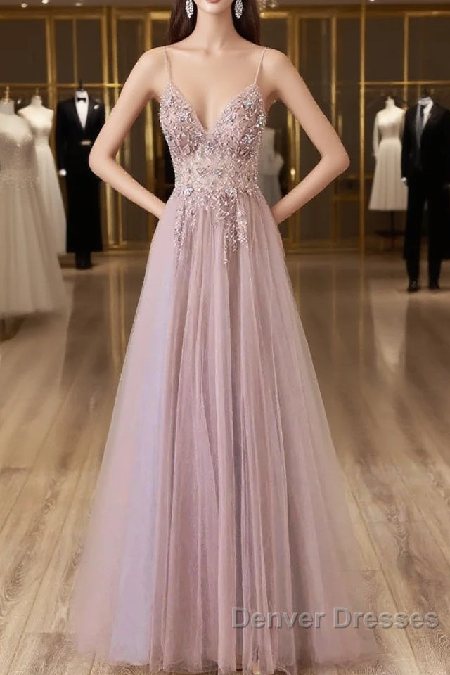 Pink Tulle Long A-Line Prom Dress, Pink Spaghetti Formal Dress With Beaded Main image