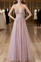 Pink Tulle Long A-Line Prom Dress, Pink Spaghetti Formal Dress With Beaded