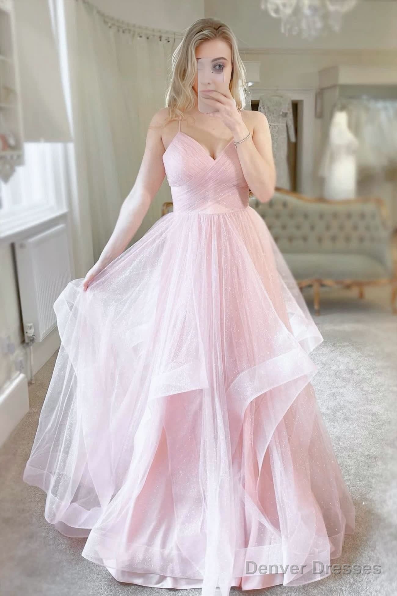 Pink Tulle Long A-Line Prom Dress Pink V-Neck Graduation Dress Main image