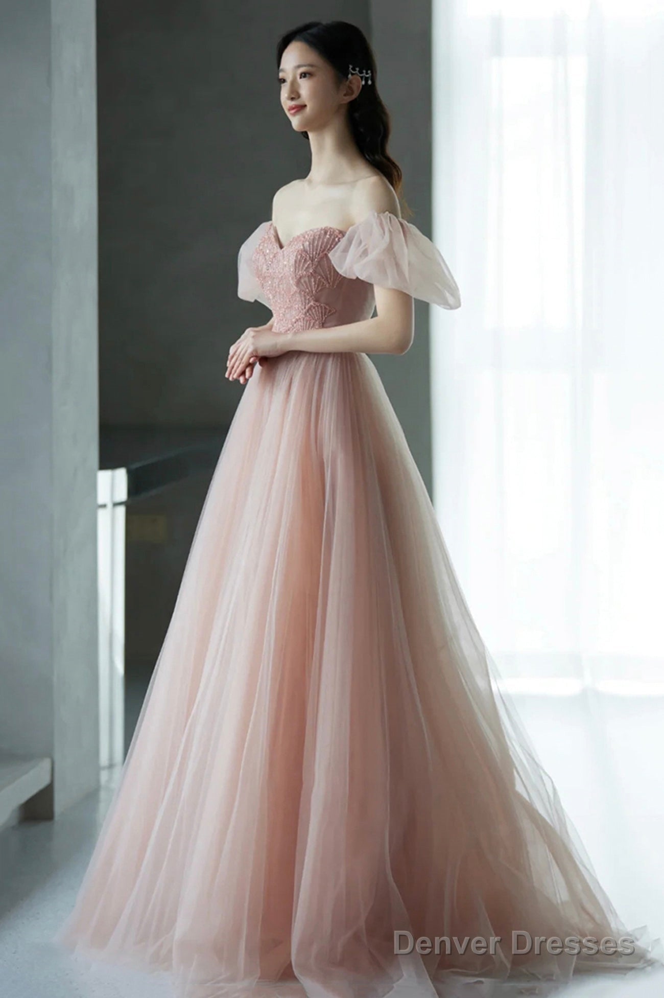 Pink Tulle Long A-Line Prom Dress With Beaded, Lovely Puff Sleeve Evening Dress Secondary image